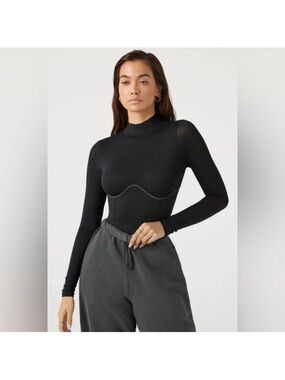 Joah Brown Black Long-Sleeve Mock Neck Corset Top M/L